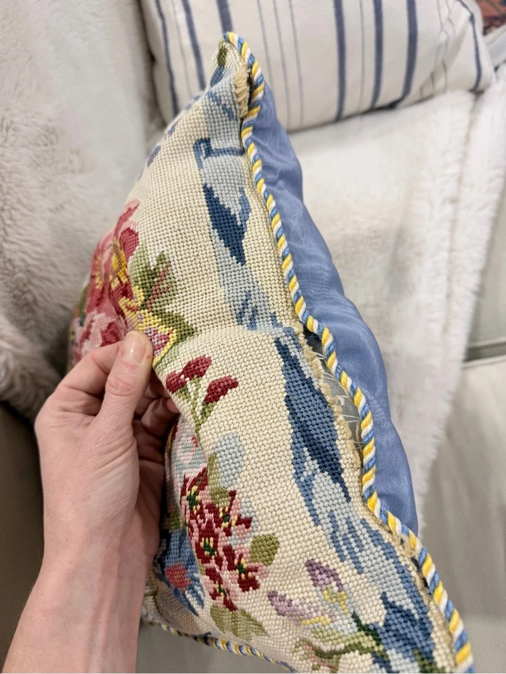 Needlepoint Floral Bouquet Square Accent Pillow Blue